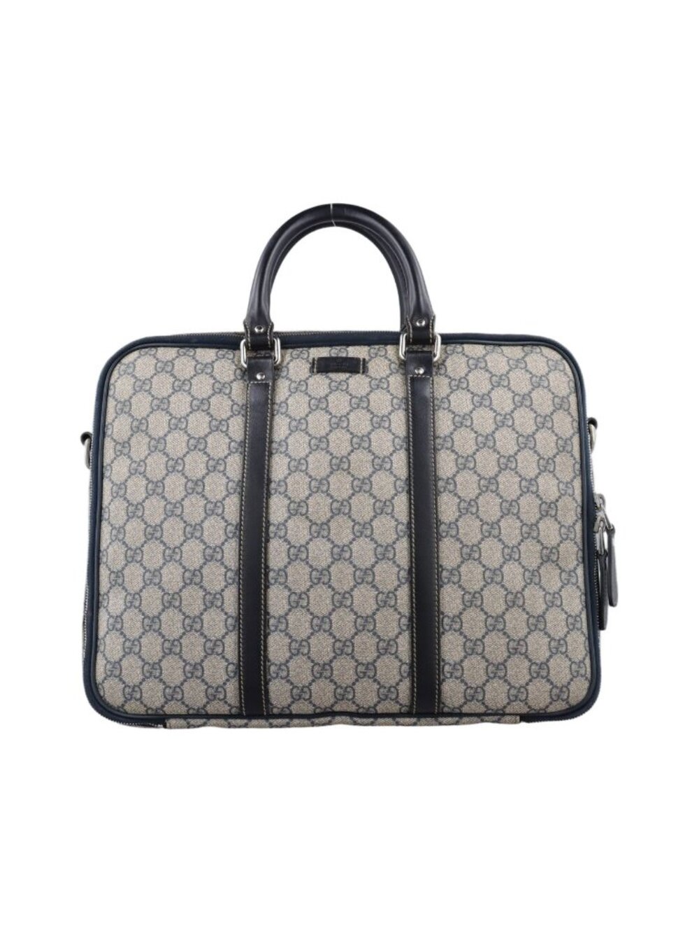 Gucci GG Supreme Briefcase Business Beige Navy Canvas Leather